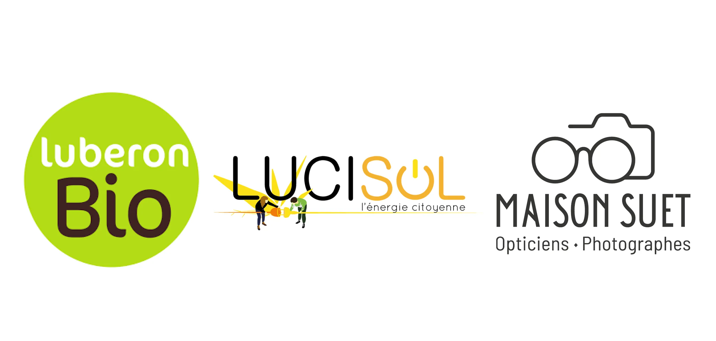 Logos des mécènes : Luberon Bio, Lucisol l’énergie citoyenne, Maison Suet opticiens et photographes.