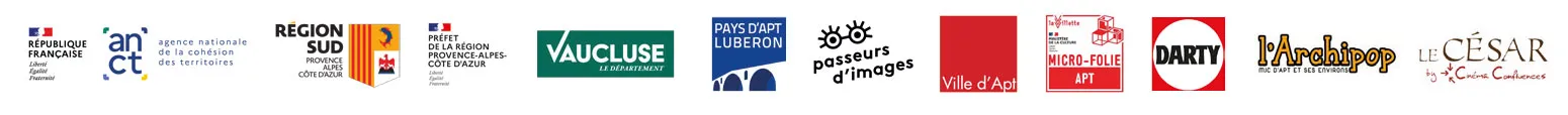 Partenaires du marathon vidéo : République française, ANCT, Région Sud, Préfet de la région Provence-Alpes-Côte d’Azur, Vaucluse le Département, Pays d’Apt Luberon, Passeurs d’images, Ville d’Apt, Micro-Folie Apt, Darty, l’Archipop, Le César.